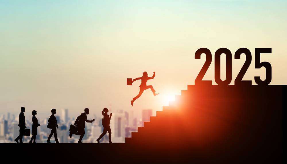 People,Running,Up,The,Stairs,To,2025.,2025,New,Year