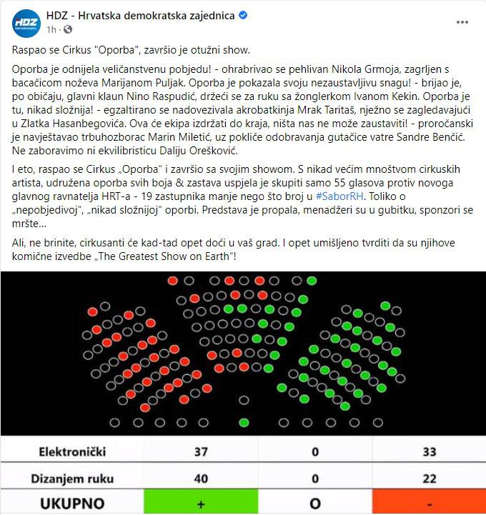HDZ: Raspao se Cirkus 'Oporba' i klaun Raspudić, gutačica vatre Benčić, bacačica noževa Puljak
