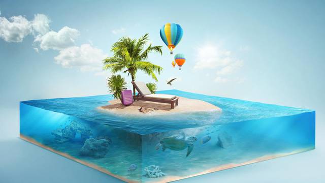 Travel and vacation background. 3d illustration with cut of the sea and beautiful island. Baby island isolated on white.