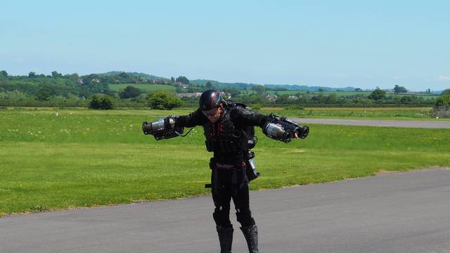 Inventor Richard Browning of technology startup Gravity prepares to take off in his ÃDaedalusÃ jet suit at Henstridge airfield in Somerset
