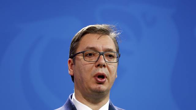 Serbian Prime Minister Aleksandar Vucic gives a statement before talks with German Chancellor Angela Merkel at the Chancellery in Berlin