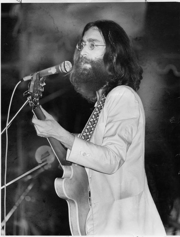 John Lennon performs in 1969 with the Plastic Ono Band onstage at Varsity Stadium.