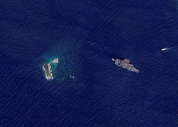 A satellite image shows the USS Gerald R. Ford off the coast of St Thomas Island