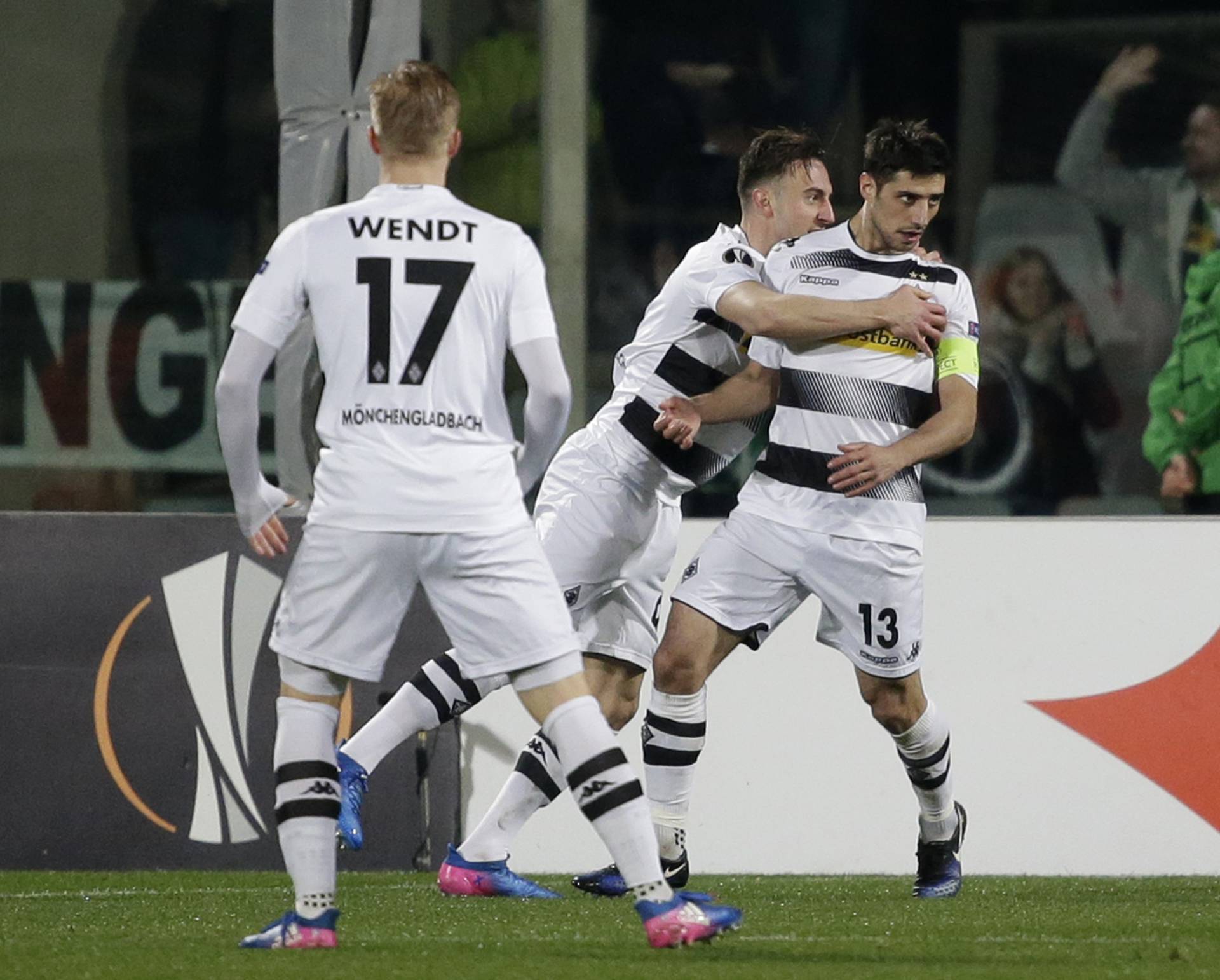 Borussia Monchengladbach's Lars Stindl celebrates scoring their second goal with teammates