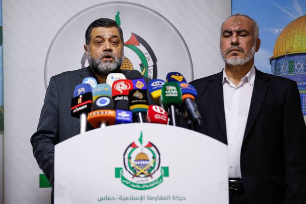 Hamas officials Osama Hamdan and Ghazi Hamad attend a press conference in Beirut