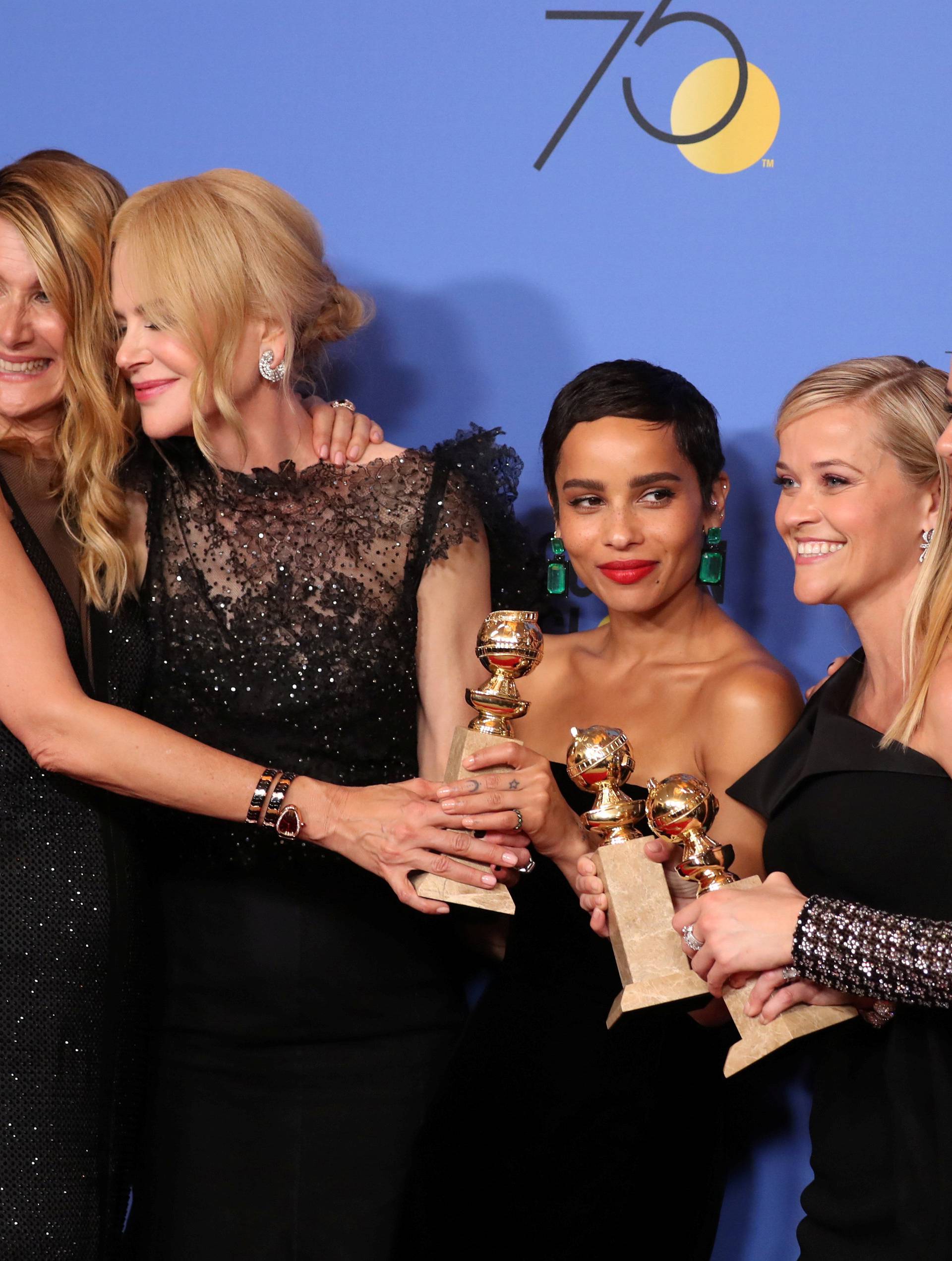 FILE PHOTO: Laura Dern, Nicole Kidman, Zoe Kravitz, Reese Witherspoon and Shailene Woodley pose backstage during the 75th Golden Globe Awards in Beverly Hills