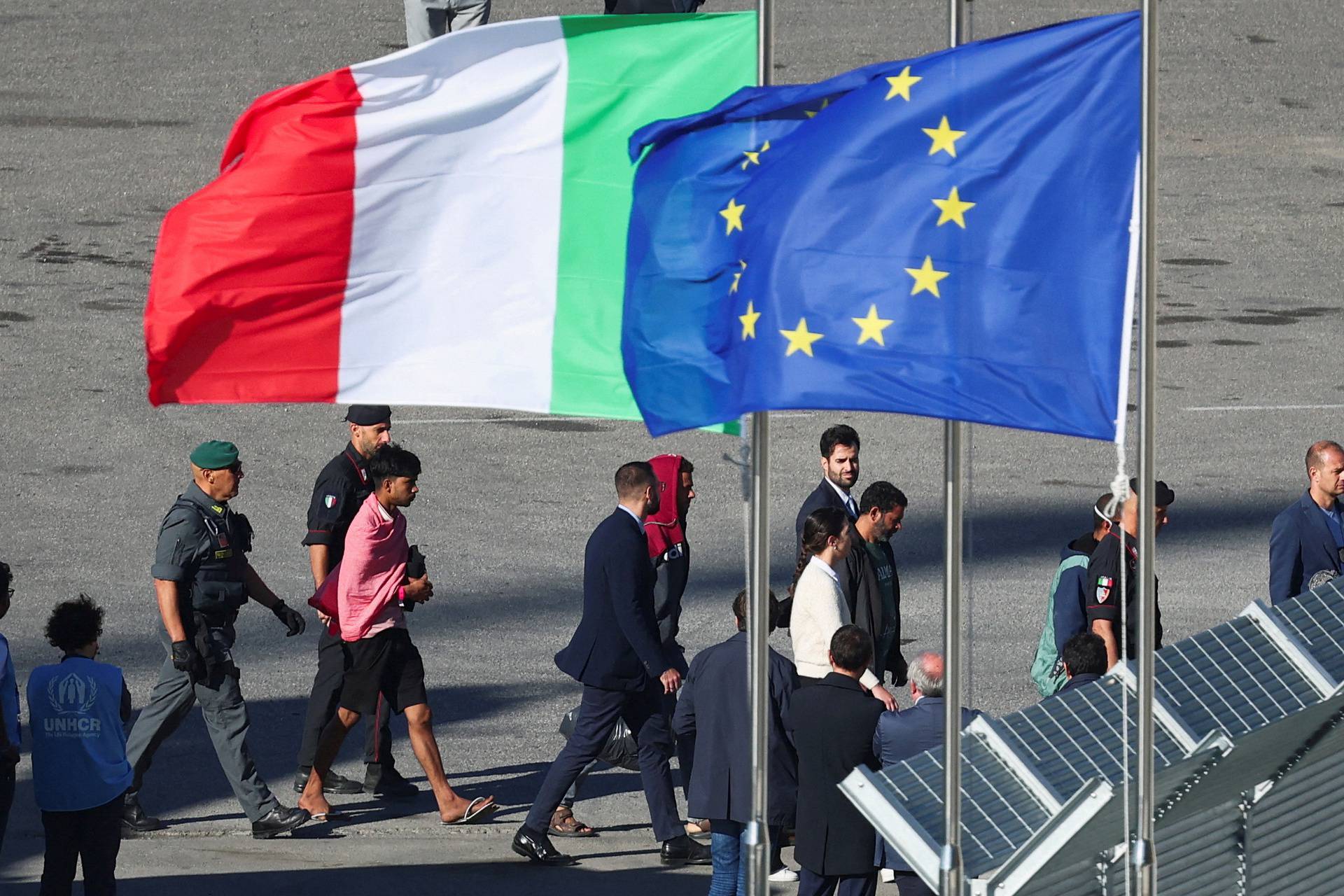 Italian navy ship Libra arrives with the first group of migrants in Albania