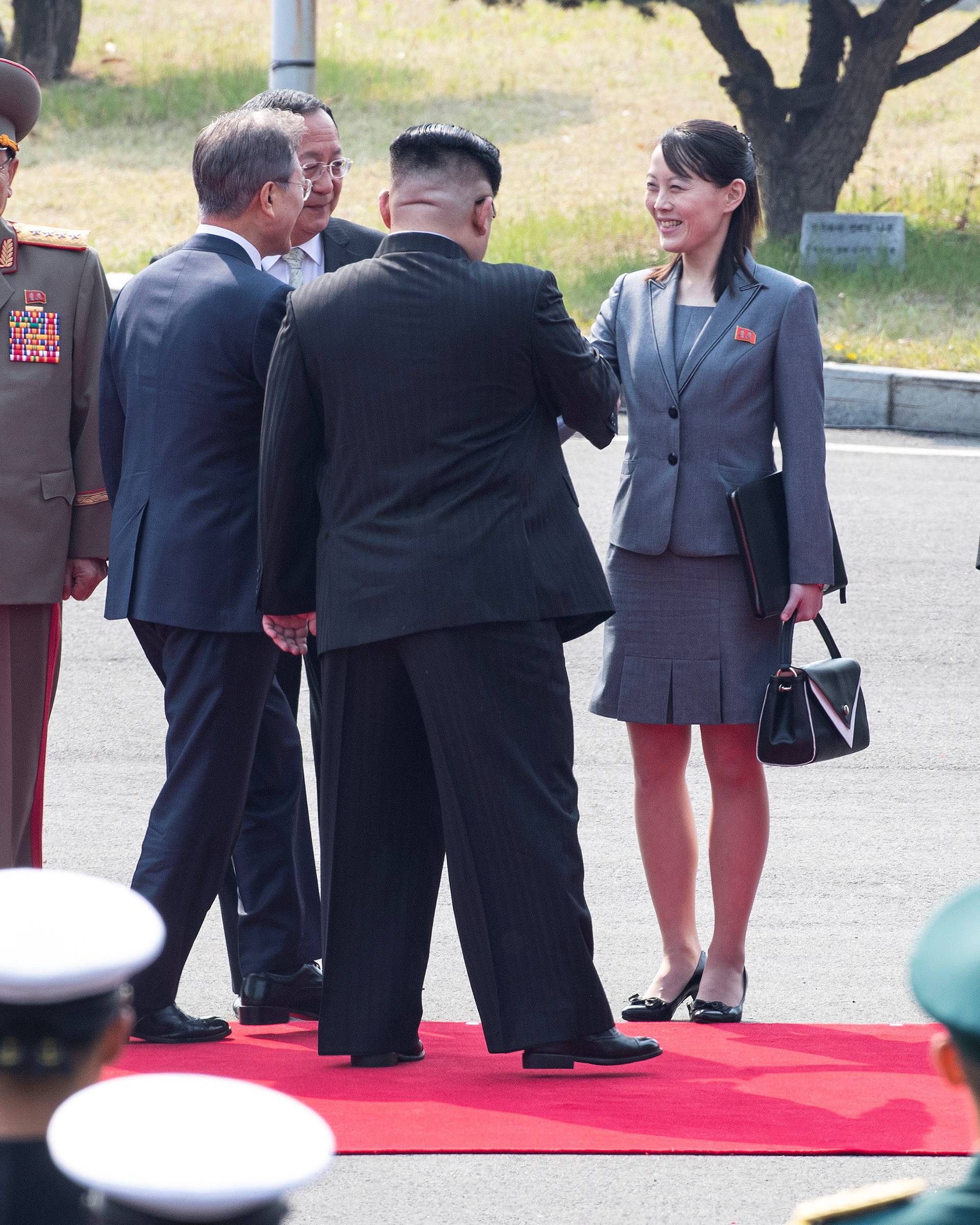 South Korean President Moon Jae-in attends a welcoming ceremony with North Korean leader Kim Jong Un and his sister Kim Yo Jong at the truce village of Panmunjom