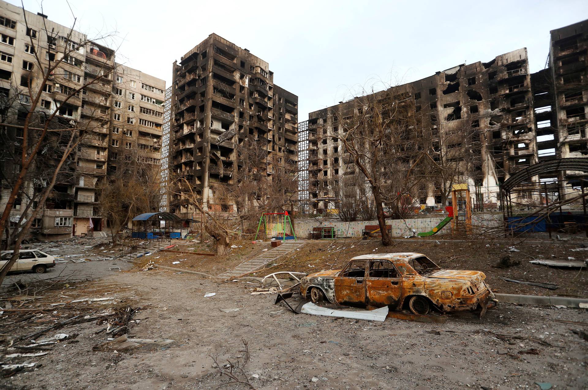 A view shows destroyed apartment buildings in Mariupol
