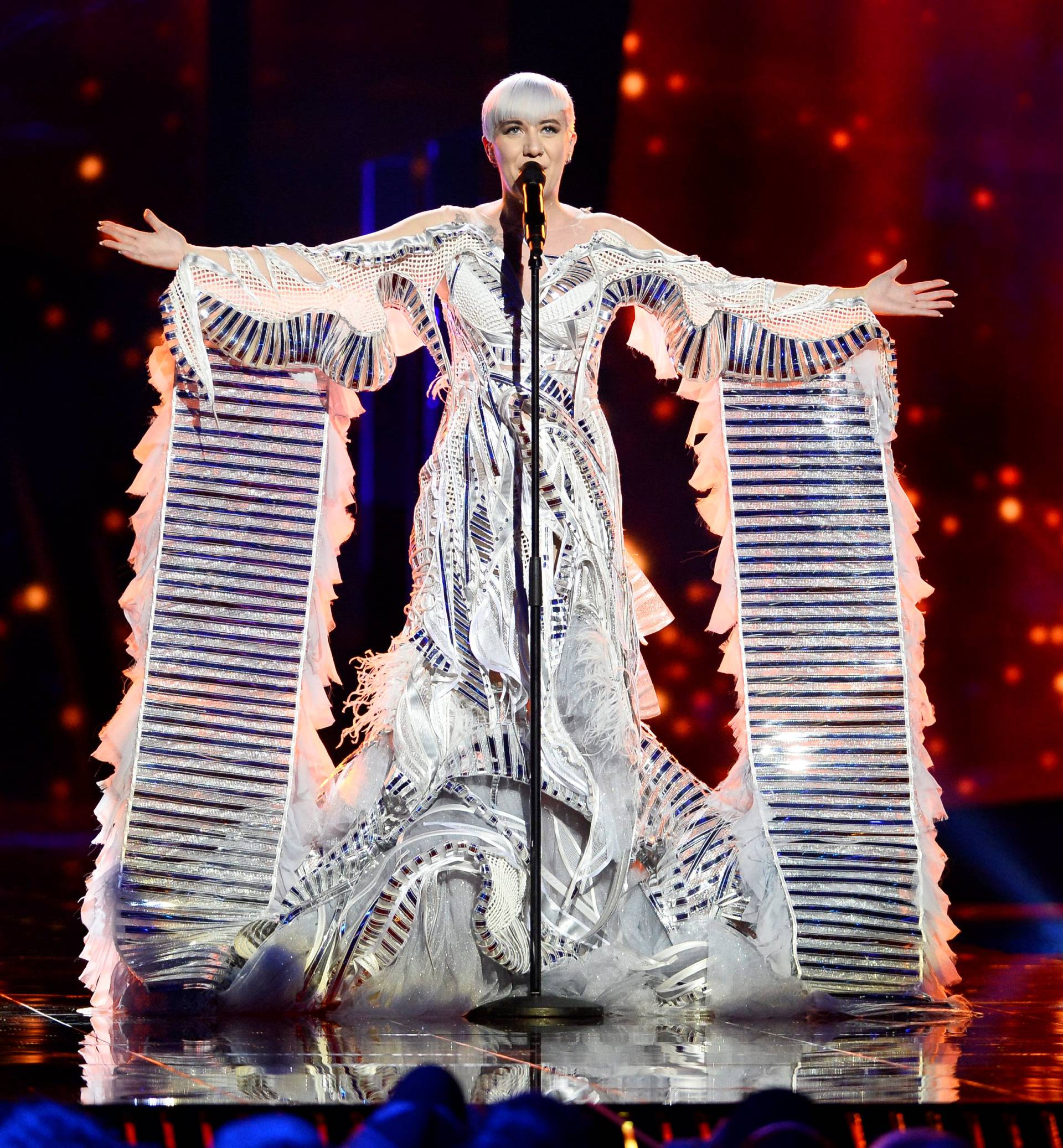 Croatia's Nina Kraljic rehearses the song âLighthouseâ during the jury show at the Ericsson Globe Arena in Stockholm