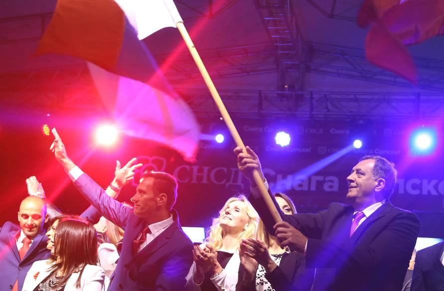 Milorad Dodik, President of Republika Srpska, celebrates the results of a referendum over a disputed national holiday during an election rally in Pale