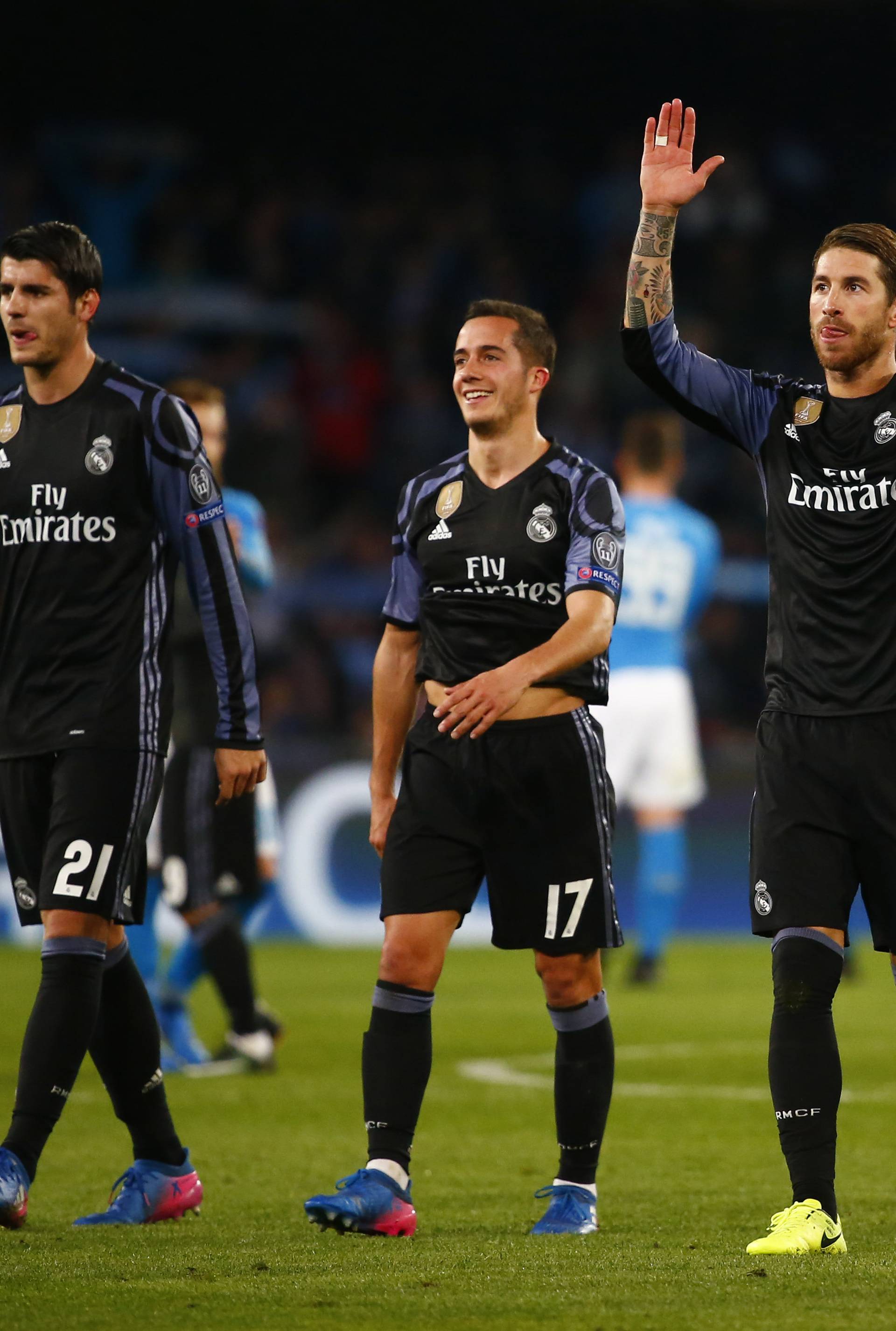 Real Madrid's Alvaro Morata, Lucas Vazquez and Sergio Ramos after the match