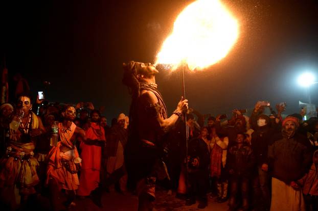 The arrival of the members of an akhara or sect of sadhus for the upcoming "Maha Kumbh Mela" in Prayagraj