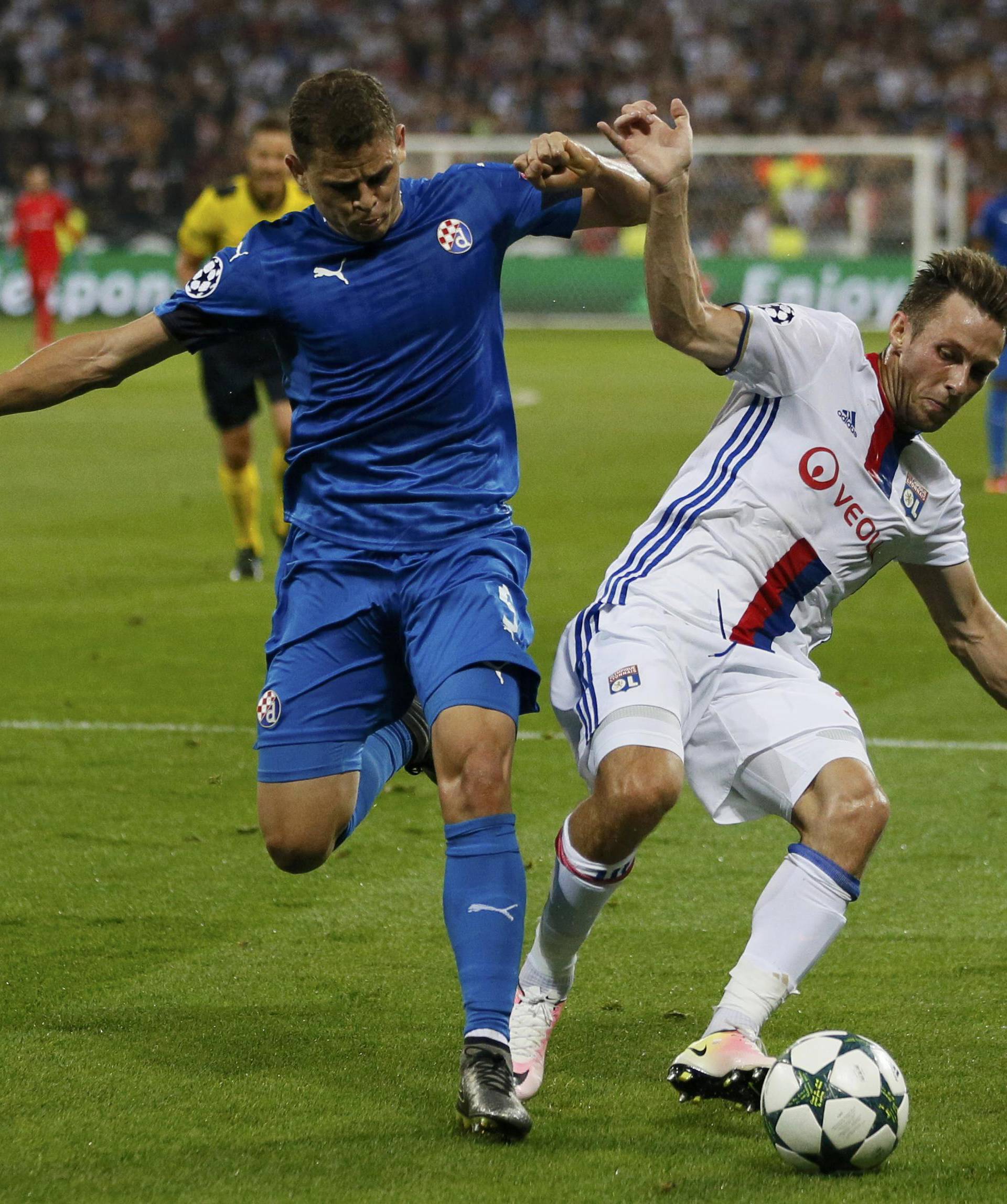 Dinamo Zagreb's Jonas in action with Olympique Lyon's Nicolas Nkoulou