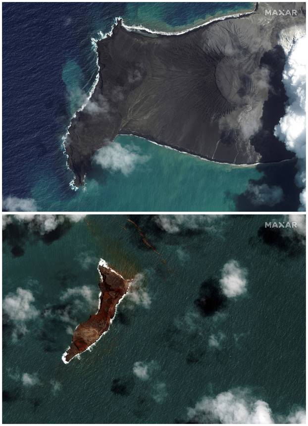Satellite images show the Hunga Tonga-Hunga Ha'apai volcano before and after its main eruption