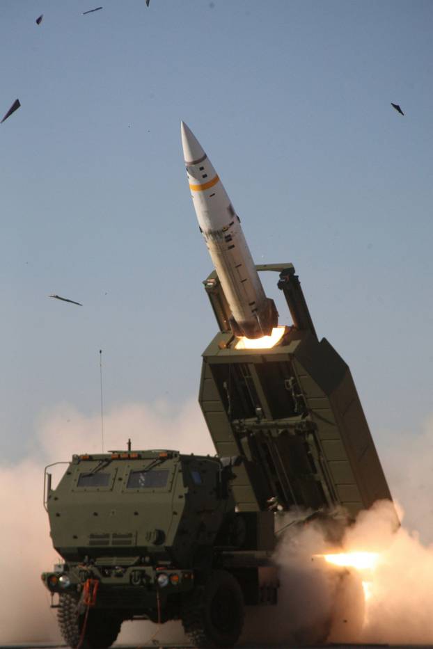 A U.S. Army M57A1 Tactical Missile System missile  is launched from a M270A1 Multiple Launching Rocket System launcher or ATACMS, June 14, 2012 at White Sands Missile Range, New Mexico.