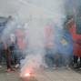 FILE PHOTO: Albanians protest near the bridge which connects south and north Mitrovica