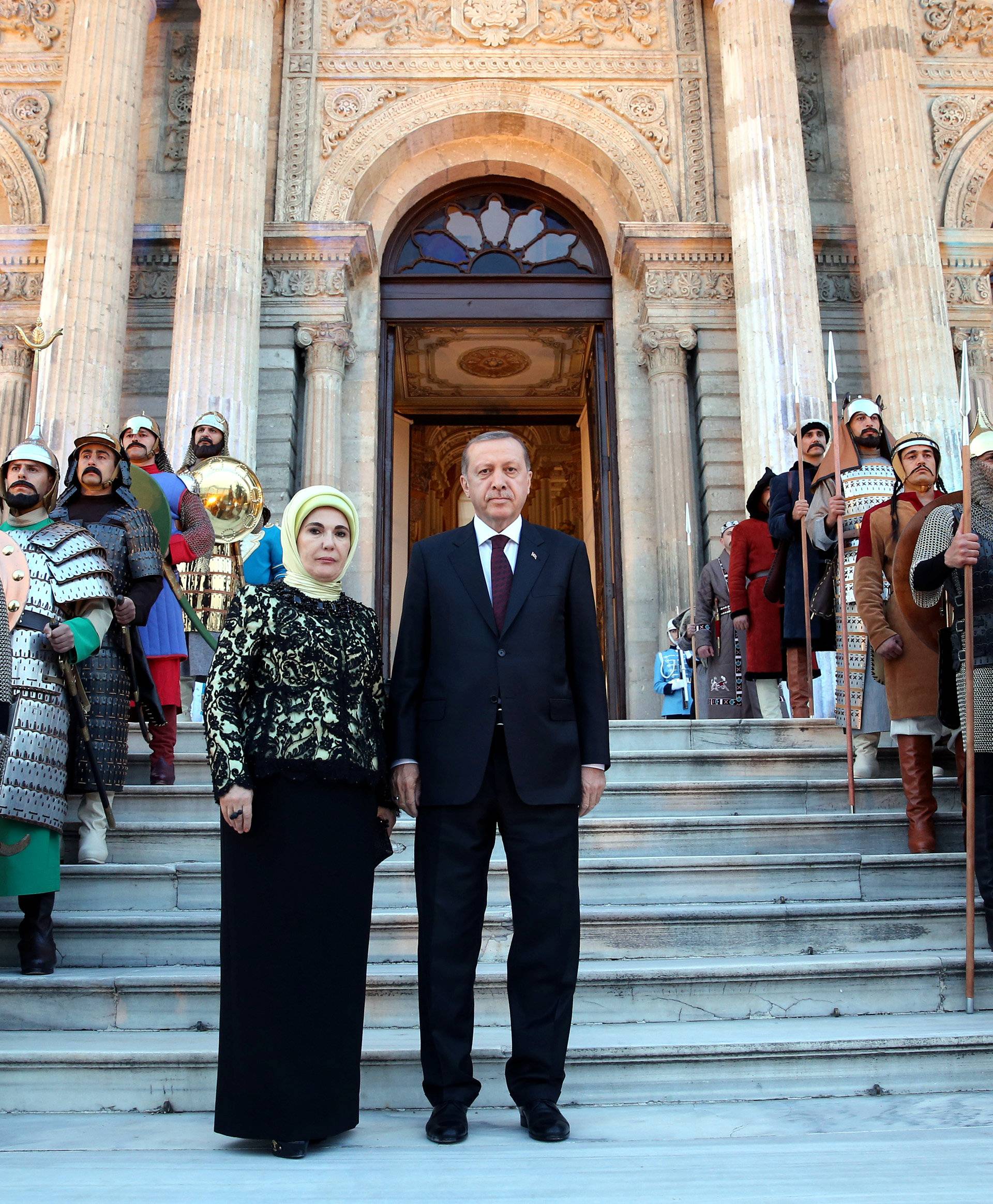 Turkish President Tayyip Erdogan, accompanied by his wife Emine Erdogan, is pictured at Dolmabahce Palace before a dinner for participants of World Humanitarian Summit in Istanbul