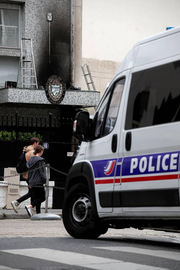 Aftermath of overnight petrol bomb attack on Cuban embassy building in Paris