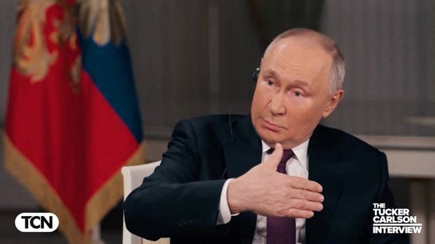 Russian President Vladimir Putin speaks during an interview with U.S. television host Tucker Carlson, in Moscow