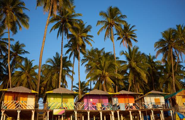 Colorful huts on the sandy beach with palm trees background in G