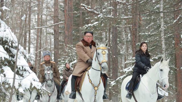 KCNA picture of North Korean leader Kim Jong Un visiting battle sites in areas of Mt Paektu