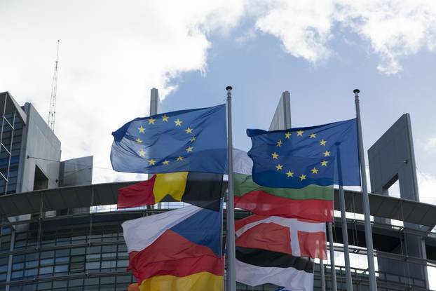 Flags,With,European,Parliament,In,Background,Strasbourg,,France.