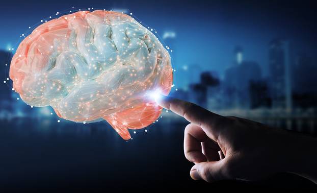 Businessman using digital 3D projection of a human brain 3D rend