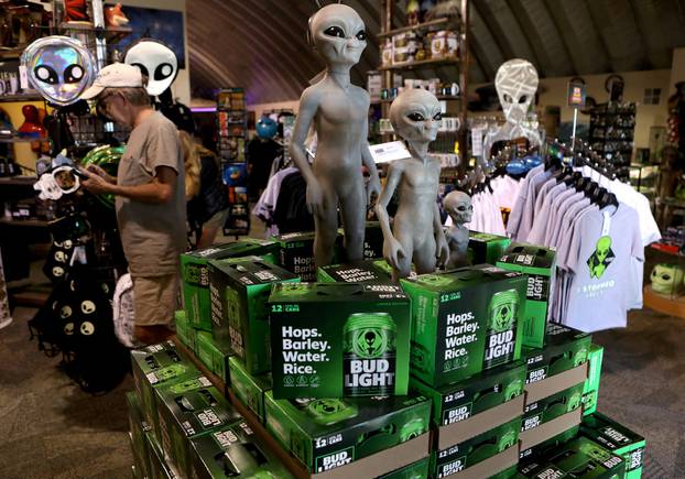 FILE PHOTO: Boxes of alien themed beer are placed at the Alien Research Center in Hiko, as an influx of tourists  responding to a call to 'storm' Area 51 is expected in Rachel, Nevada