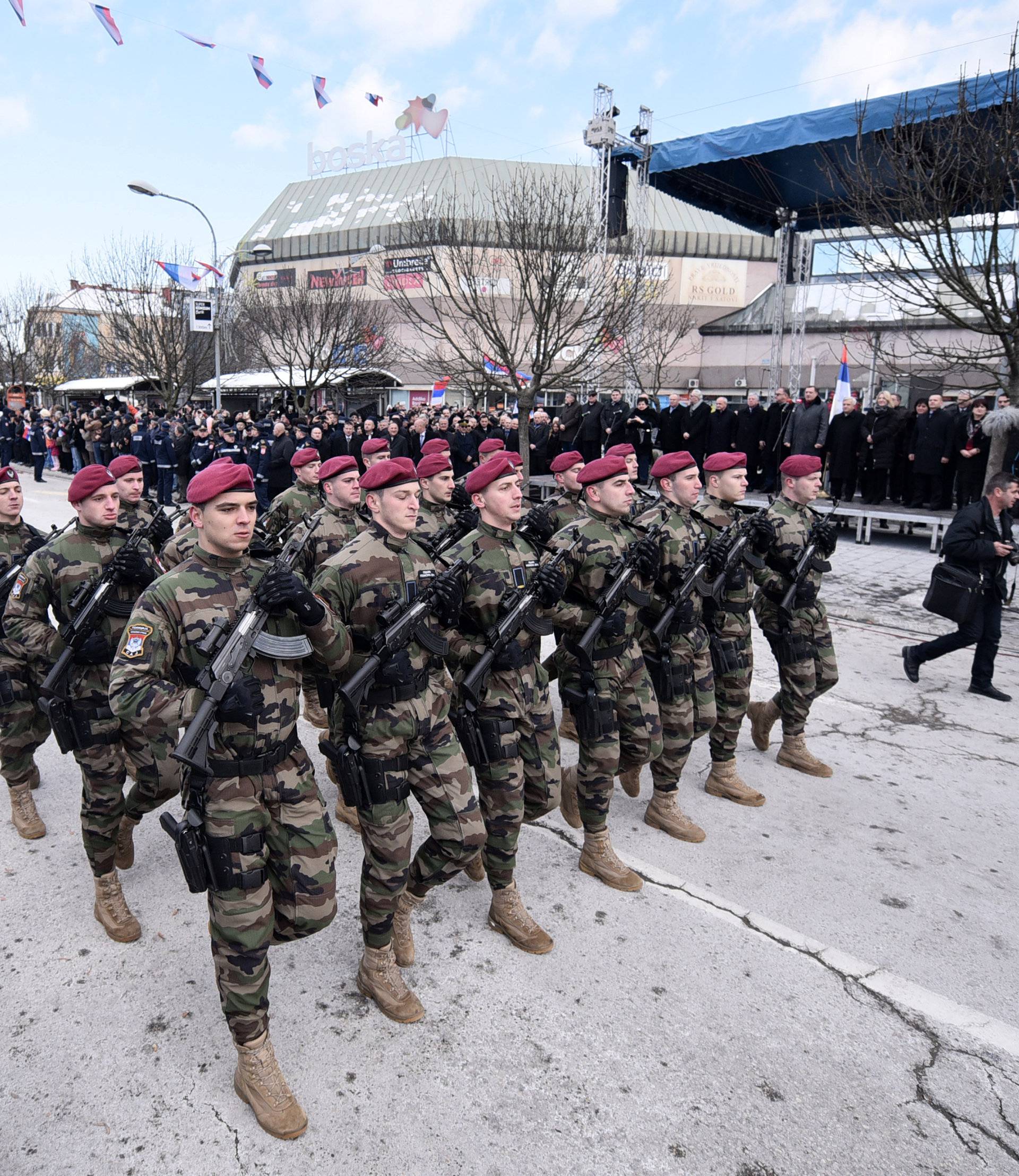 Members of special police forces of Republic of Srpska march during a parade marking the anniversary of Republic of Srpska in Banja Luka