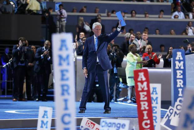 Bill Clinton waves after his speech during the Democratic National Convention in Philadelphia