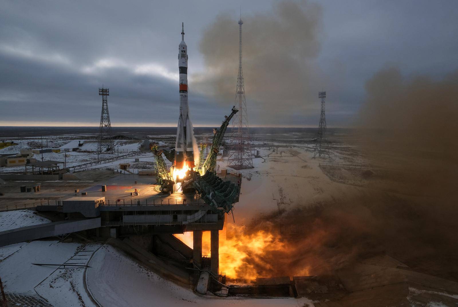 The Soyuz MS-20 spacecraft carrying the International Space Station (ISS) crew blasts off at the Baikonur Cosmodrome