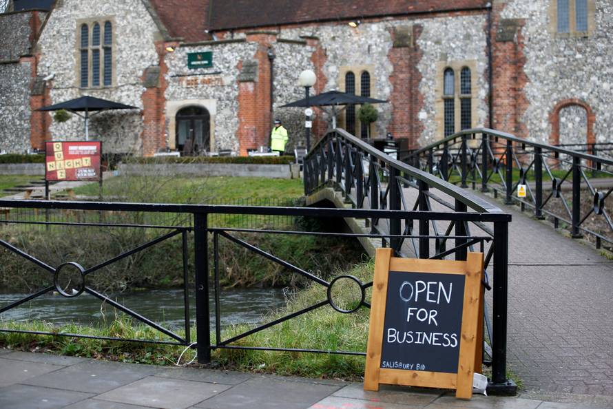 A sign is seen outside a pub which was secured as part of the investigation into the poisoning of former Russian inteligence agent Sergei Skripal and his daughter Yulia, in Salisbury