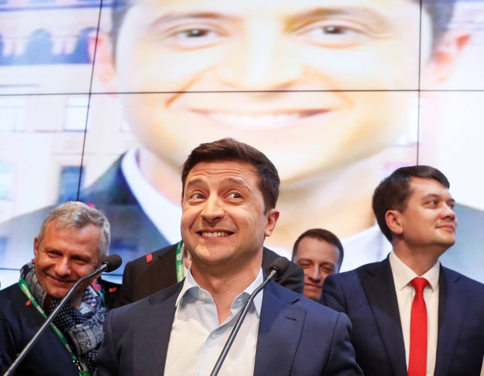 Candidate Zelenskiy reacts following the announcement of an exit poll in Ukraine's presidential election in Kiev