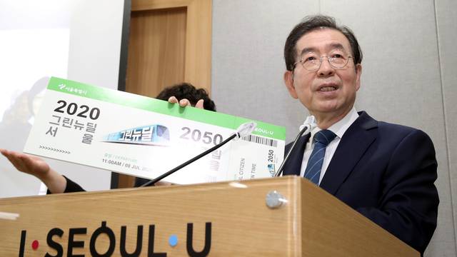 Seoul Mayor Park Won-soon speaks during an event at Seoul City Hall in Seoul