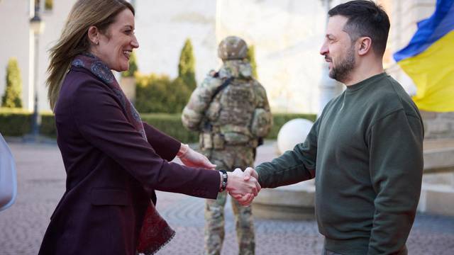 Ukraine's President Zelenskiy welcomes European Parliament President Metsola in Lviv