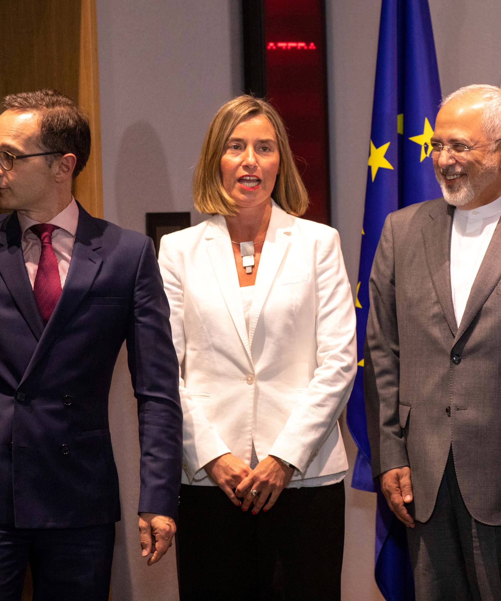 Britain's Foreign Secretary Johnson, German Foreign Minister Maas, French Foreign Minister Le Drian and EU High Representative for Foreign Affairs Mogherini take part in a meeting with Iran's Foreign Minister Mohammad Javad Zarif in Brussels