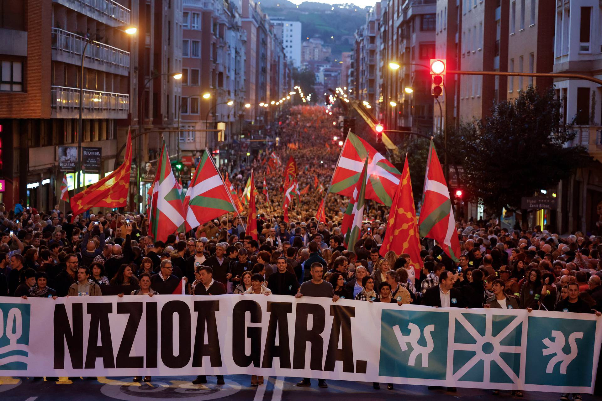 People march behind the slogan "Nazioa gara", 'We are a nation', during a demonstration called by the Basque pro-independence coalition EH Bildu, in Bilbao