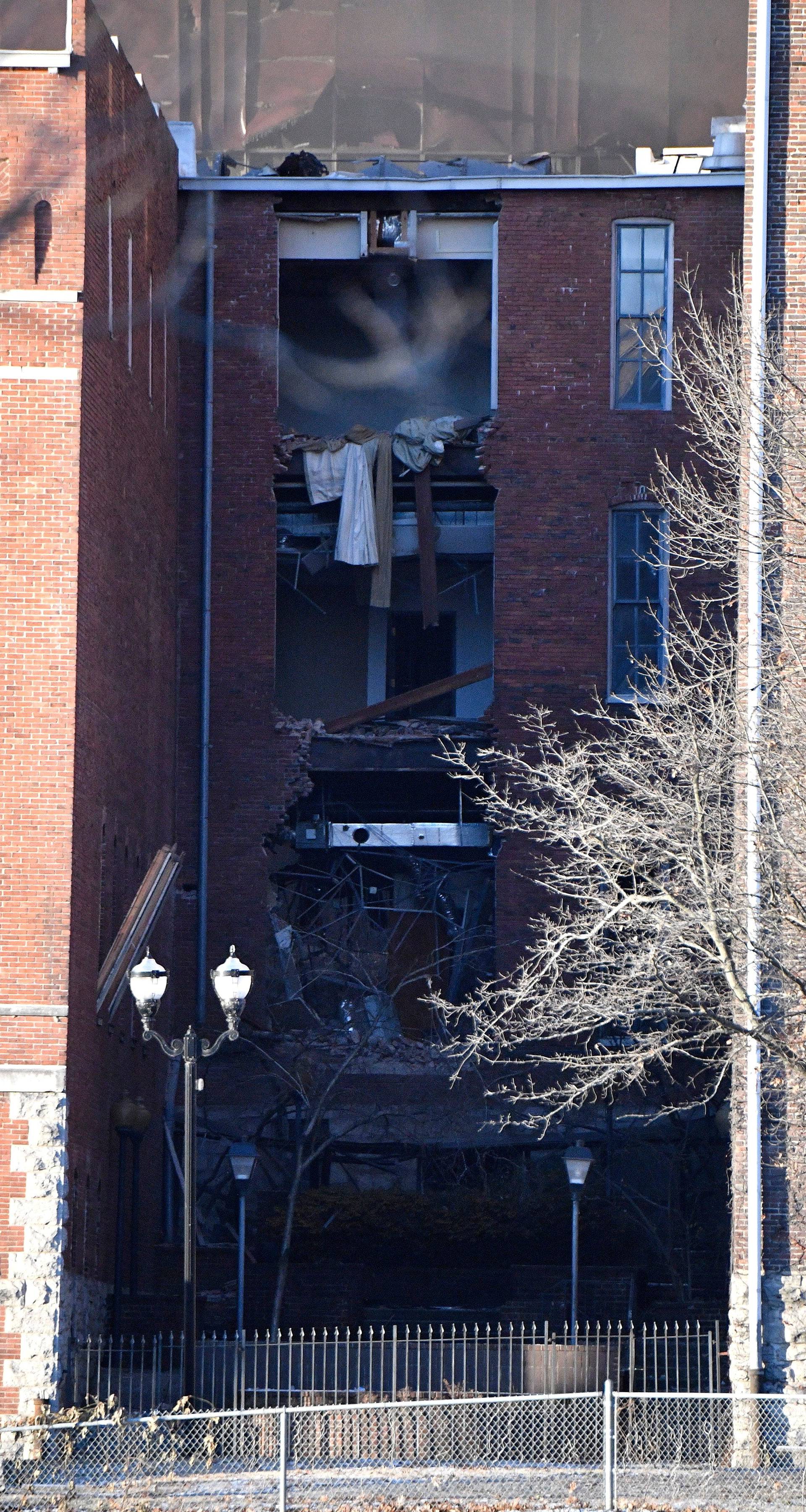 A damaged building is seen near the site of an explosion in the area of Second and Commerce in Nashville