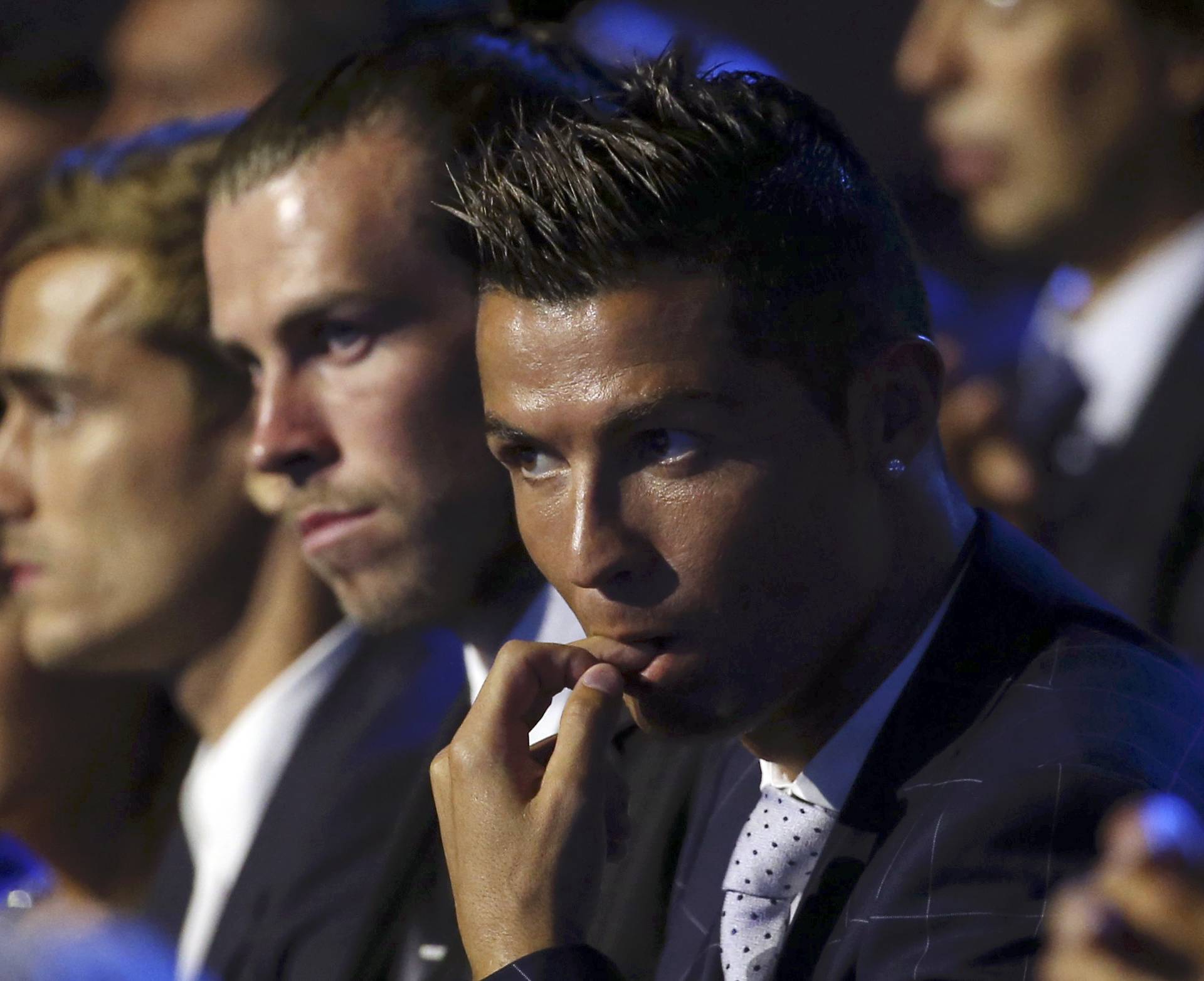 The final nominees for the 2015/16 UEFA Best Player in Europe award, from R-L, Cristiano Ronaldo, Gareth Bale and Antoine Griezmann attend the draw ceremony for the 2016/2017 Champions League Cup soccer competition at Monaco's Grimaldi Forum in Monaco