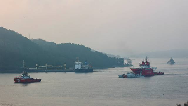 The Palau-flagged bulk carrier MKK1, carrying grain under UN’s Black Sea grain initiative, is seen drifted aground in Istanbul's Bosphorus