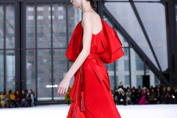 A model presents a creation from the Carolina Herrera Fall 2020 collection during New York Fashion Week