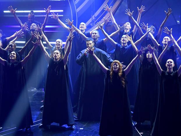 Sanremo, 74th Italian Song Festival, First Evening. Marco Mengoni and the guests on stage