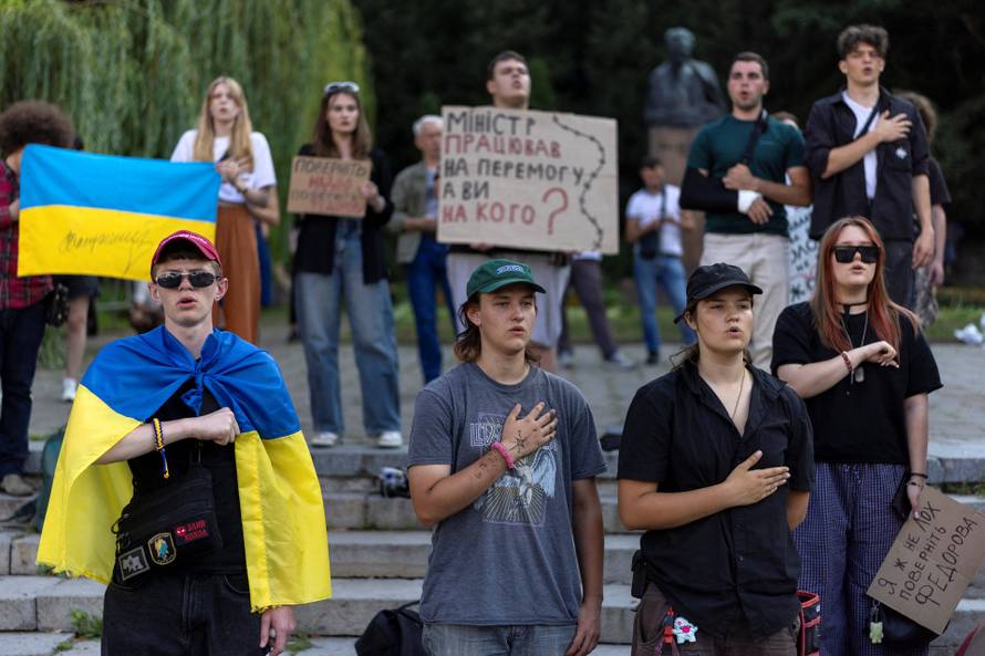 Protest against Ukrainian President Zelenskiy's decision to replace Fedorov as defence minister, in Kyiv