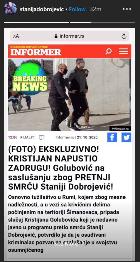 Golubovića izveli iz 'Zadruge' na policiju: Prijetio je Staniji smrću