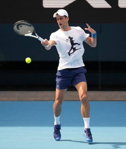 Novak Djokovic practices at Melbourne Park in Melbourne