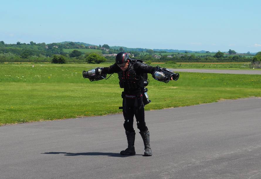 Inventor Richard Browning of technology startup Gravity prepares to take off in his ÃDaedalusÃ jet suit at Henstridge airfield in Somerset