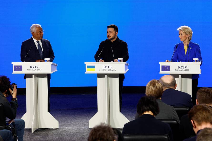 Ukraine's Zelenskiy, and EU's von der Leyen and Costa attend press conference on fourth anniversary of Russia's full-scale invasion, in Kyiv