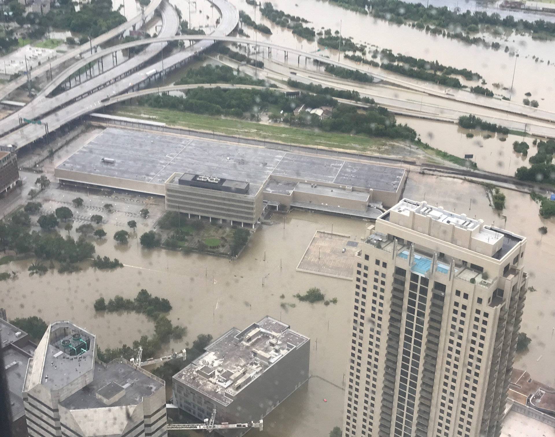 Flooded downtown is seen from JP Morgan Chase Tower after Hurricane Harvey inundated the Texas Gulf coast with rain causing widespread flooding, in Houston