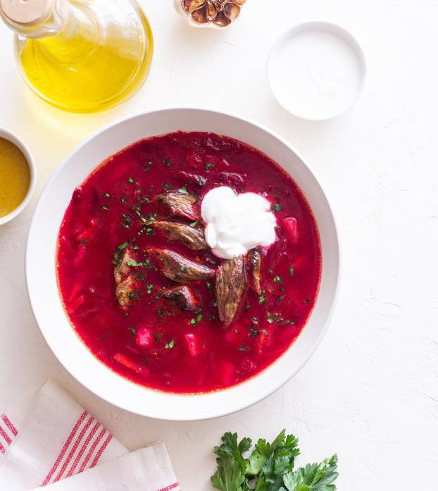 Traditional Ukrainian borscht with meat. Soup. Ukrainian cuisine.